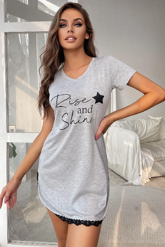 RISE AND SHINE Contrast Lace V-Neck T-Shirt Dress Ribbed T-Shirt High Neck Heavyweight