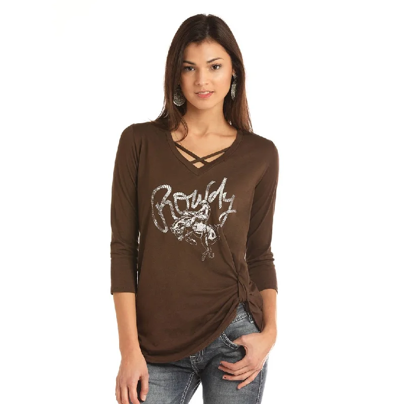 Rock & Roll Cowgirl Rowdy Bronco Womens Brown Tee Front Pockets Side Pockets Patch Pockets