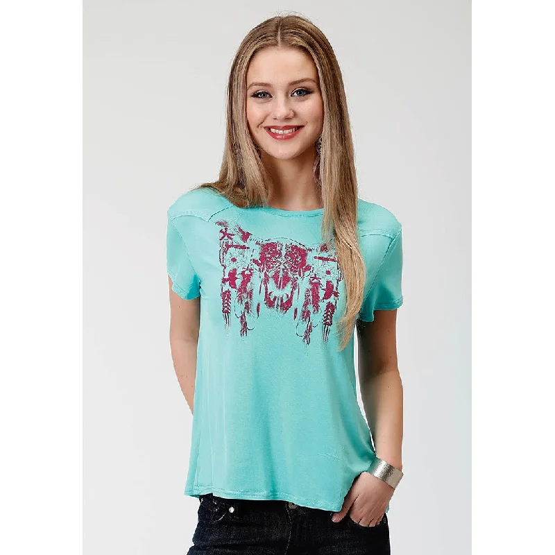 Roper Steer Skull Graphic Turquoise Womens Tee Spandex Blend Rayon Blend Denim Blend