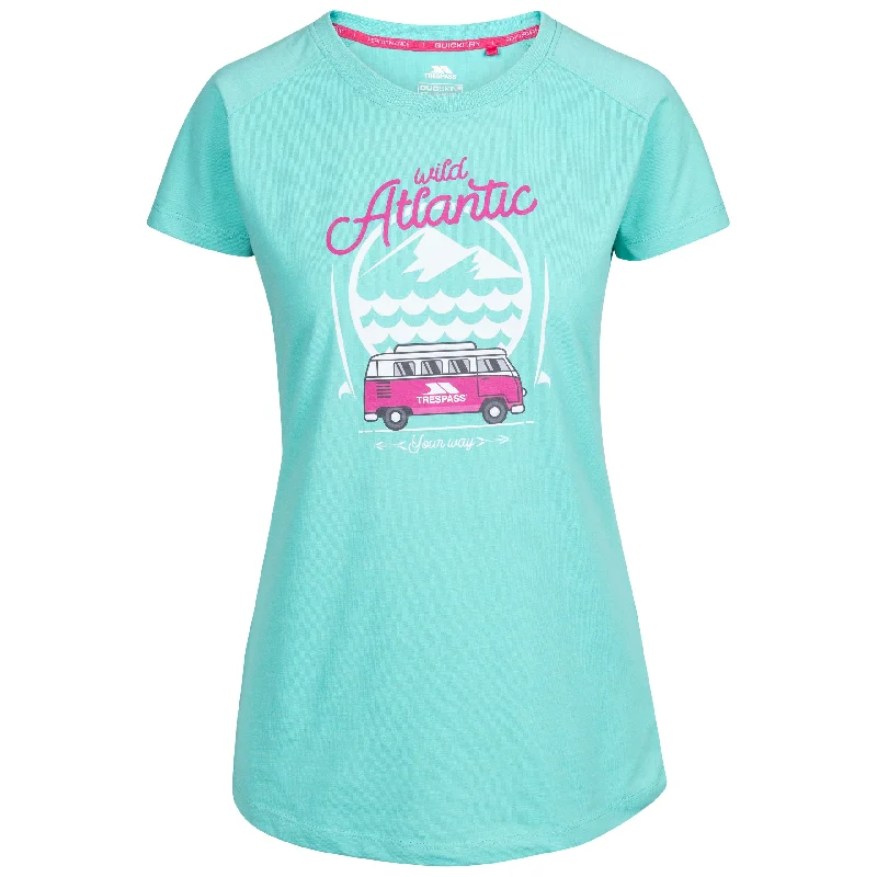 Saaf Women's Atlantic Print T-Shirt in Lagoon Zippered Buttoned Snapped