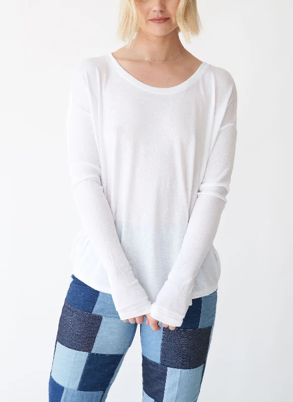 Sela Ribbed Sleeve Relaxed-Fit Long Sleeve Shirt Casual Slouchy Short Sleeve