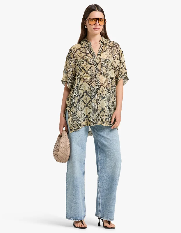 Hadiya Side Split Short Sleeve Shirt - Almond/Multi Trendy Summer Short Sleeve