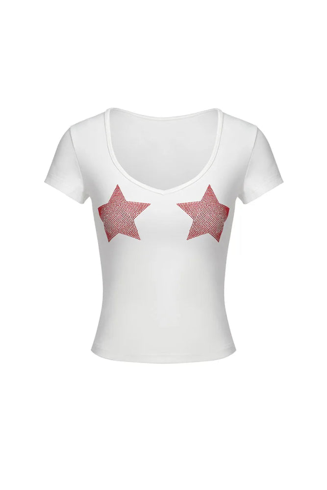 Slim Fit Star Graphic Tee - Y2K Inspired V-Neck Top for Women Plaid T-Shirt Polka Dot Checkered