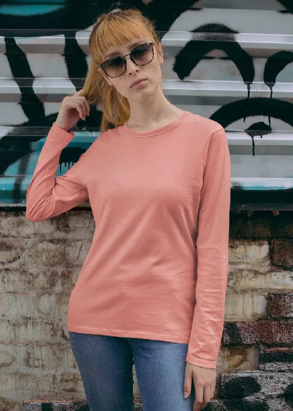 Solid Women Full Sleeve T-Shirt - Salmon Pink Terry Blend Velvet Blend Canvas Blend