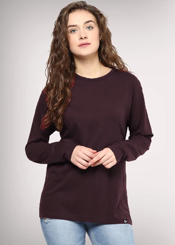 Solid Women Full Sleeve T-Shirt - Wine Basic T-Shirt Crew Neck Short Sleeve