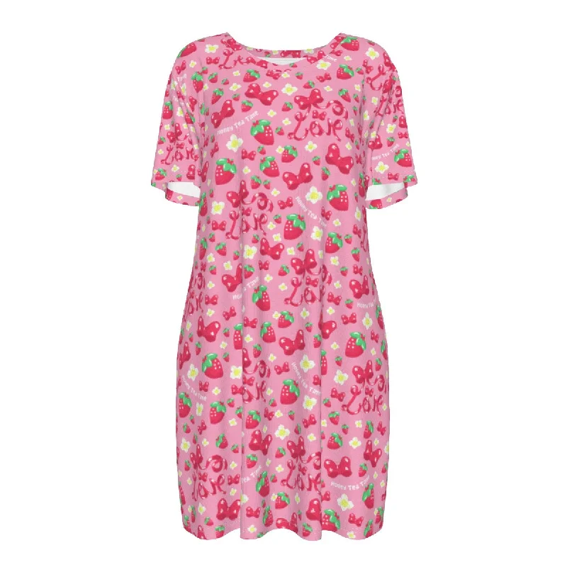 Strawberry Ribbon Women's Cotton T-shirt Dress Hooded Caped Shawl Collar