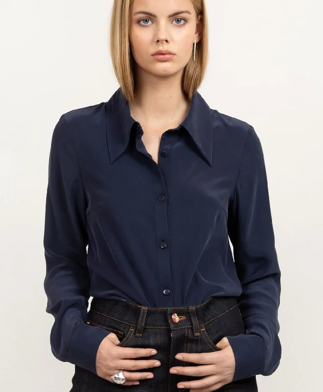 Essential Silk Shirt Navy Stylish Short Sleeve Top