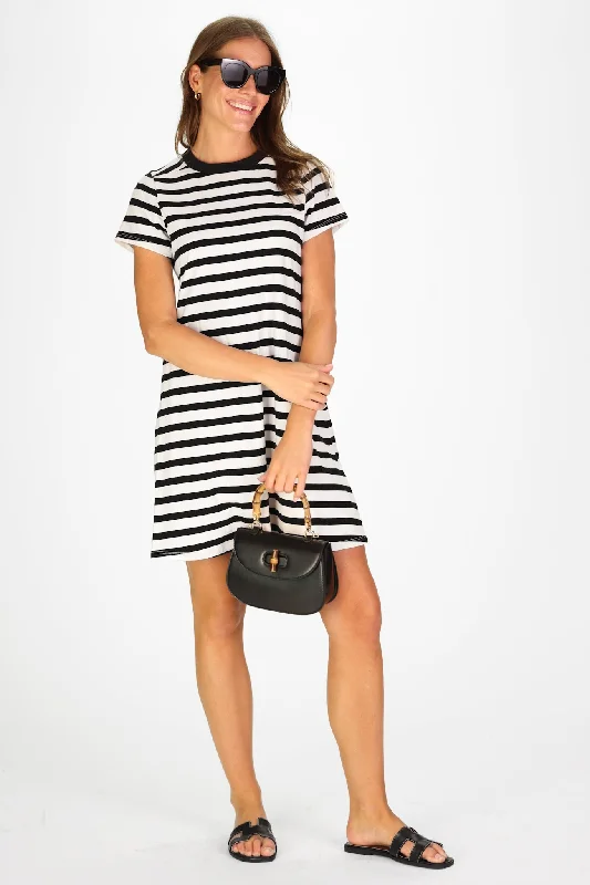 Tallie T-Shirt Dress in Black and White Stripe V-Neck T-Shirt Long Sleeve Cotton