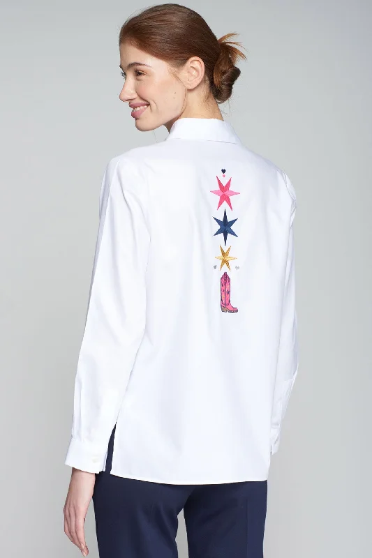 Vilagallo 31568 Embroidered Cotton White Shirt Fashionable Draped Short Sleeve