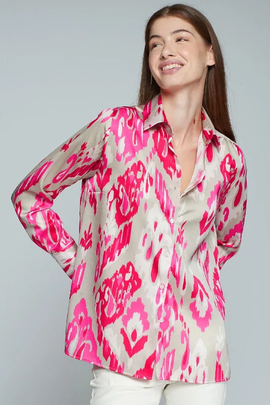 Vilagallo 31867 Pink Ikat Shirt Trendy Ruffled Short Sleeve