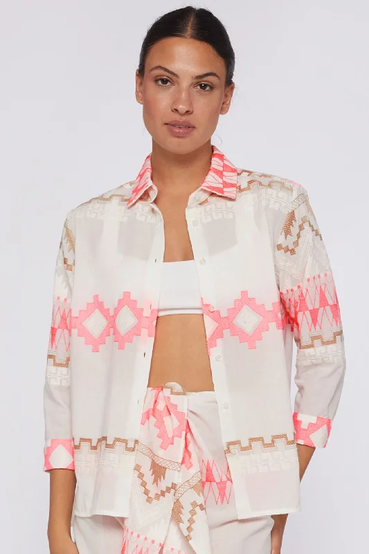 Villagallo 30994 Sara Cream and Pink Embroidered Voile Cotton Shirt Modern Casual Short Sleeve Villagallo 30994 Sara Cream and Pink Embroidered Voile Cotton Shirt Modern Casual Short Sleeve