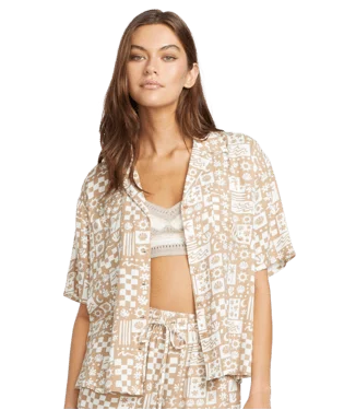 VOLCOM Women's Sunny Daze Button-Up Shirt Mocha Relaxed Fit Short Tunic