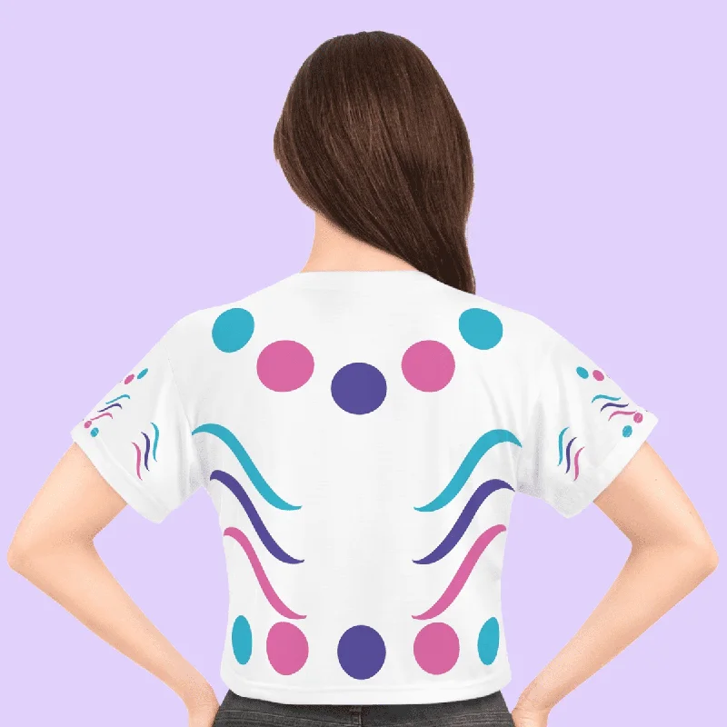 White Crop Tee With Pink And Blue Circles Jersey Fabric Tulle Fabric Batik Fabric