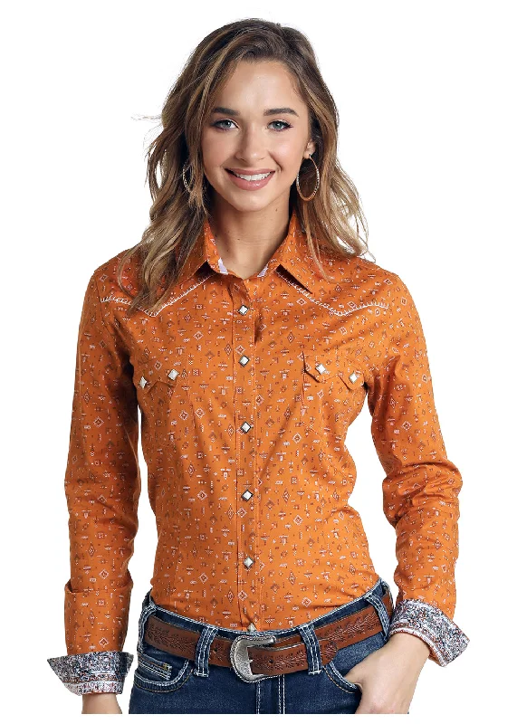 Women's Long Sleeve Orange Paisley Snap Shirt Cozy Striped Short Sleeve