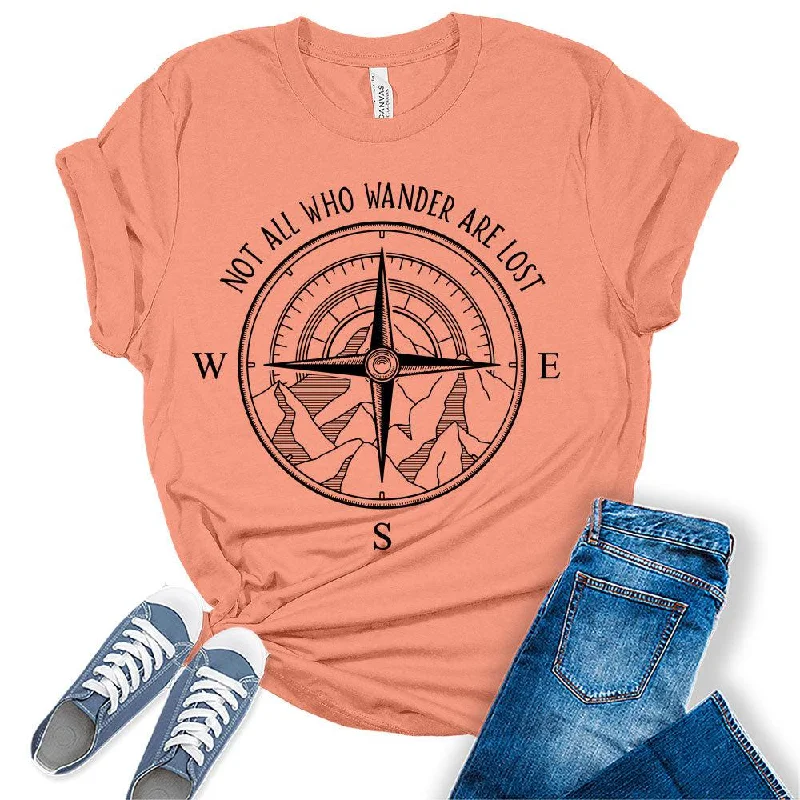 Womens Not All Who Wander are Lost T-Shirt Camping Hiking Tops Short Sleeve Regular Fit Graphic Tees Oversized T-Shirt Spandex breathable