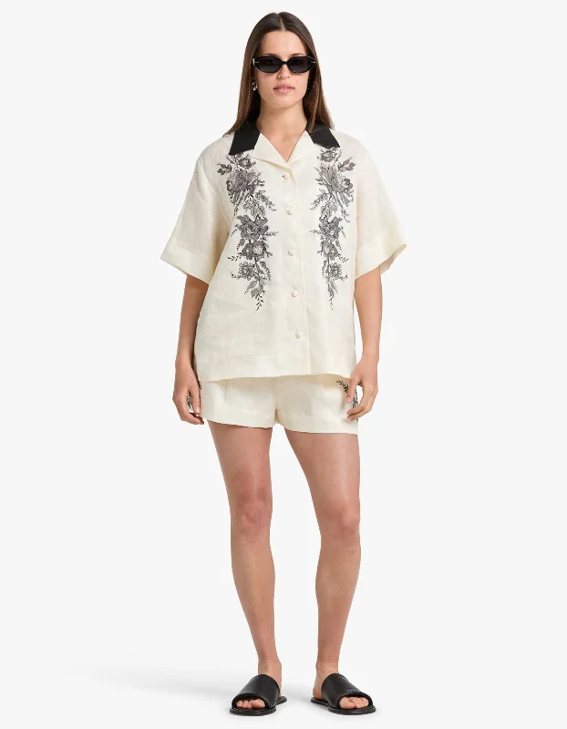 Short Sleeve Shirt - Cream Floral Soft Cotton Short Shirt