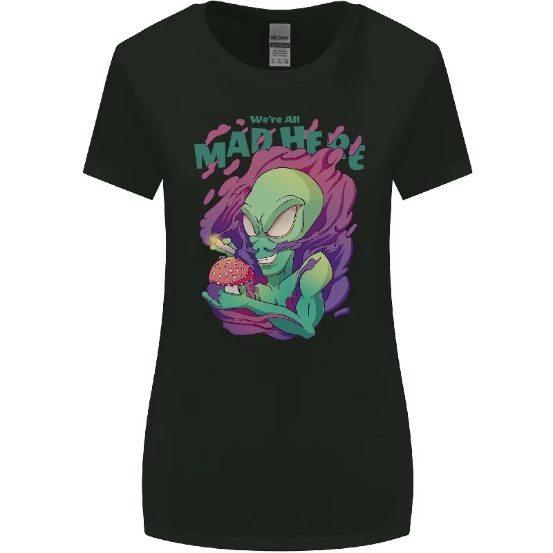 All Mad Here Alien Magic Mushrooms Womens Wider Cut T-Shirt Asymmetrical Pockets Print All Mad Here Alien Magic Mushrooms Womens Wider Cut T-Shirt Asymmetrical Pockets Print