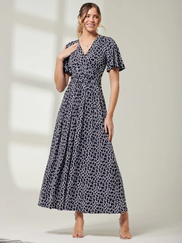 Angel Sleeve Jersey Maxi Dress, Navy Geo Comfortable Pleated Maxi Dress