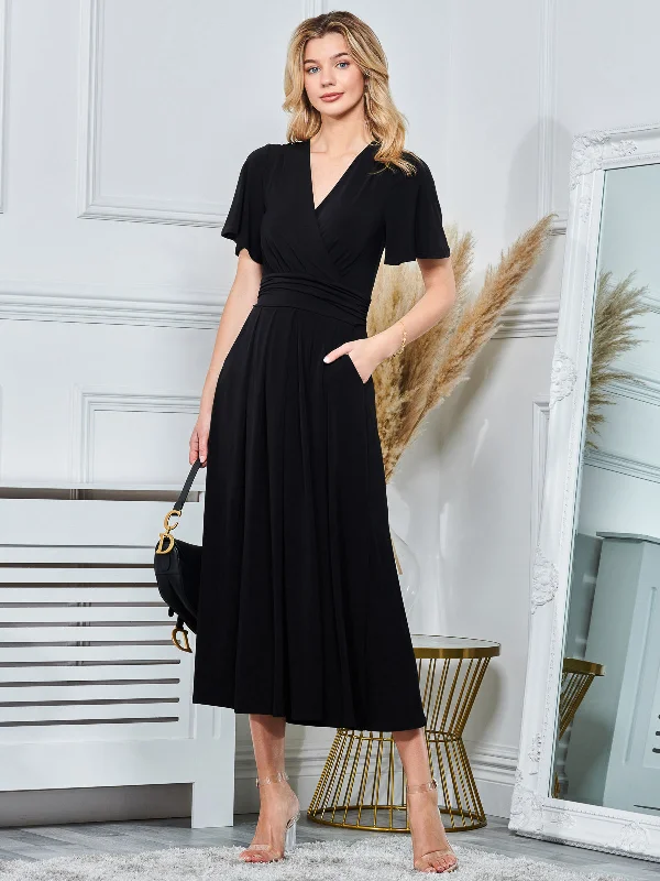 Angel Sleeve Jersey Maxi Dress, Black Comfortable Fitted Maxi Dress