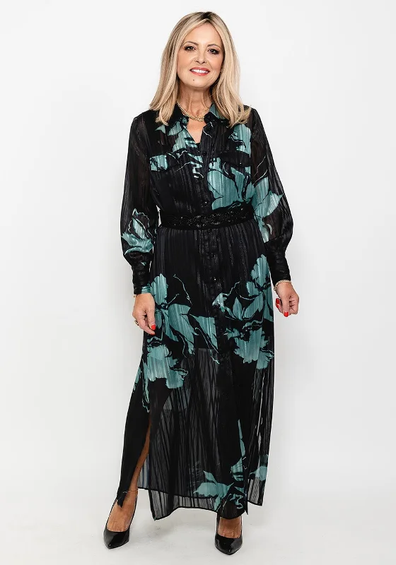 Badoo Metallic Mesh Shirt Maxi Dress, Black & Green Stylish Long Sleeve Maxi Dress