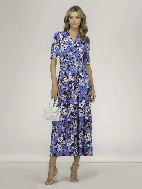 Beatrice Jersey Maxi Dress, Blue Floral Chic Button-Up Maxi Dress