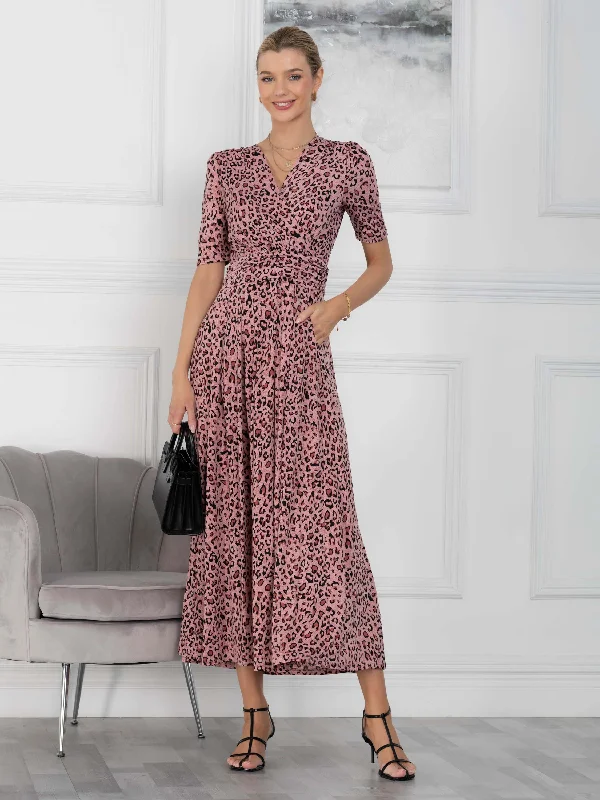 Jolie Moi Beatrice Jersey Wrap  Maxi Dress, Pink Animal Elegant Boho Maxi Dress