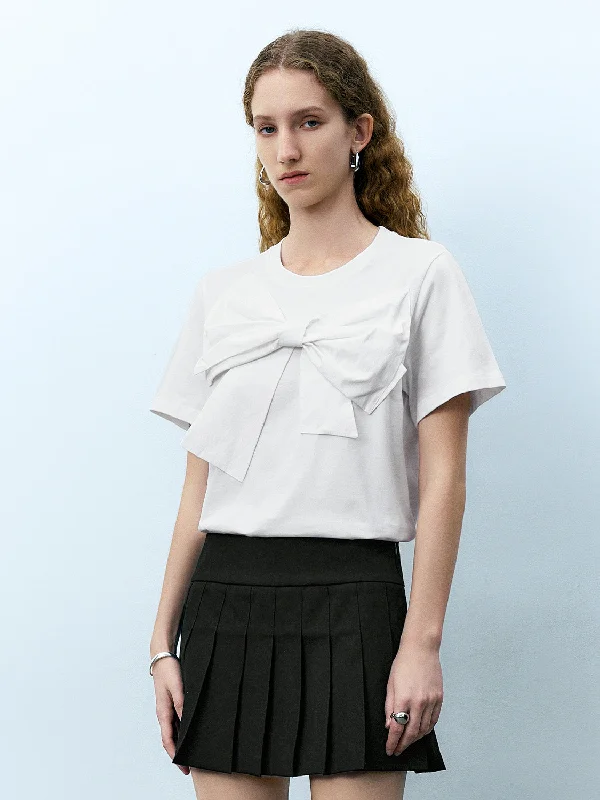 Bow Décor Crew Neck T-Shirt Mesh Blend Leather Blend Suede Blend
