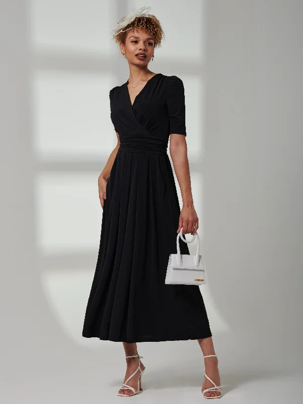 Bree Half Sleeve Jersey Maxi Dress, Black Comfortable Ruffle Hem Maxi Dress