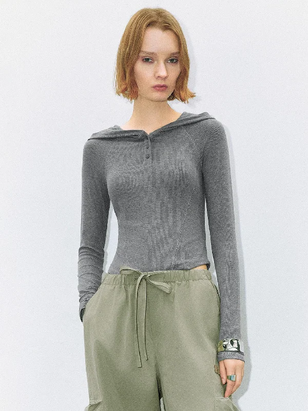 Button Half Placket Hooded Skinny T-Shirt Cozy Warm Stylish