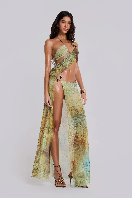 Cantha Asymmetric Cut Out Maxi Dress in Lagoon Stylish Maxi Dress with Frills