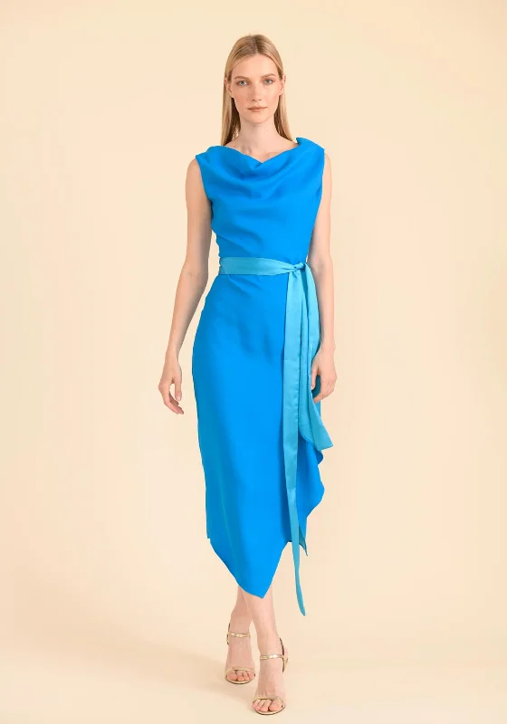 Caroline Kilkenny Olivia Draped Satin Belt Maxi Dress, Turquoise Elegant Pleated Maxi Dress