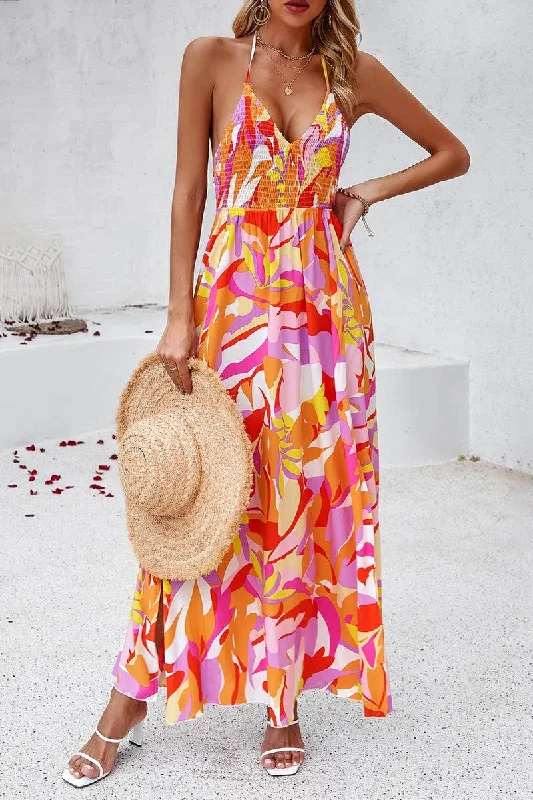 CASUAL HOLIDAY PRINT HALTER MAXI DRESS_CWDMD1123 Stylish Maxi Dress with Frills