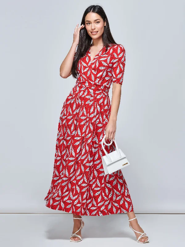 Coleen Wrap Maxi Dress, Red Leafy Elegant Maxi Dress with Belt