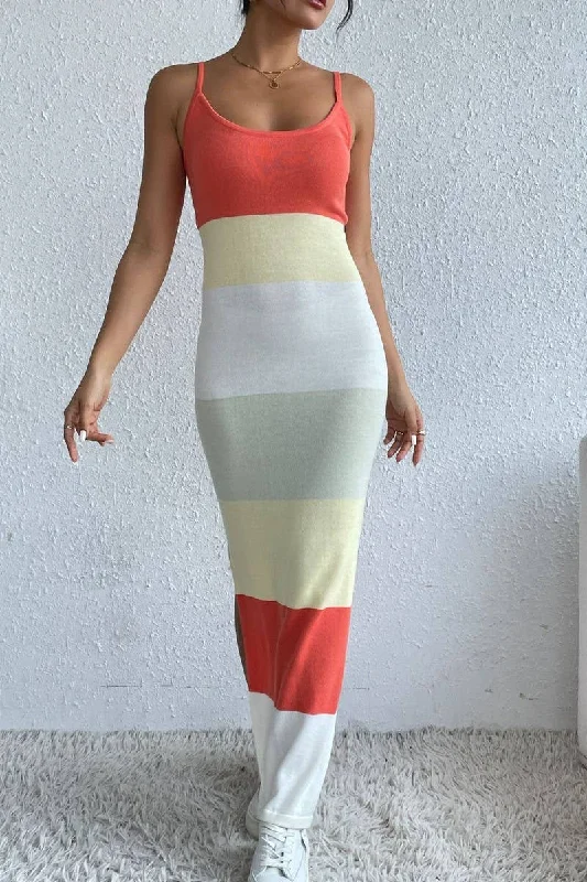 COLOR STRIPED BACKLESS SLIT KNIT SLIP MAXI DRESS_CWDMD1308 Stylish Boho Chic Maxi Dress