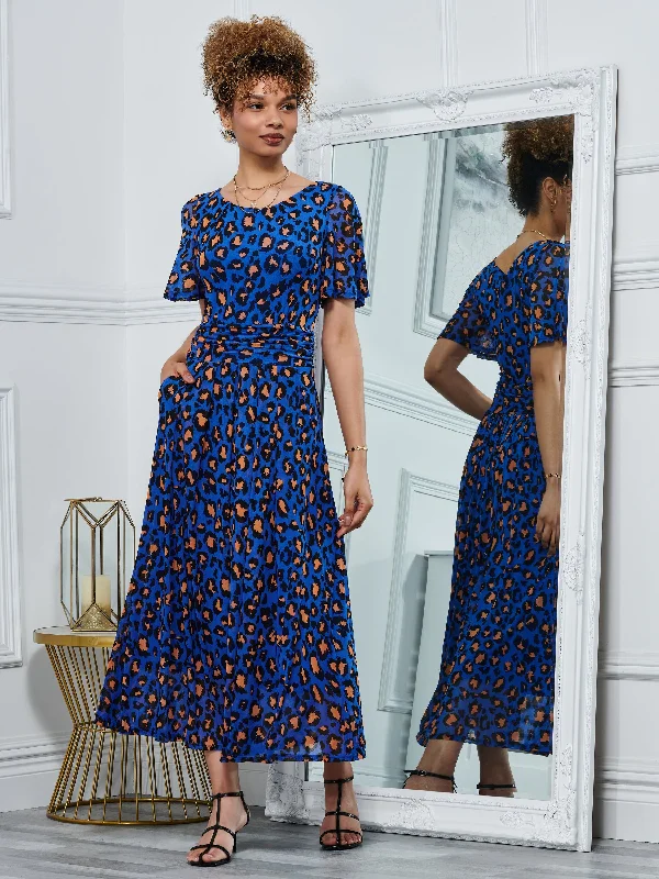 Dorothy 3/4 Sleeve Maxi Dress, Blue Animal Stylish V-Neck Maxi Dress