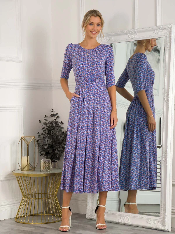 Dorothy 3/4 Sleeve Maxi Dress, Blue Floral Cozy Spaghetti Strap Maxi Dress