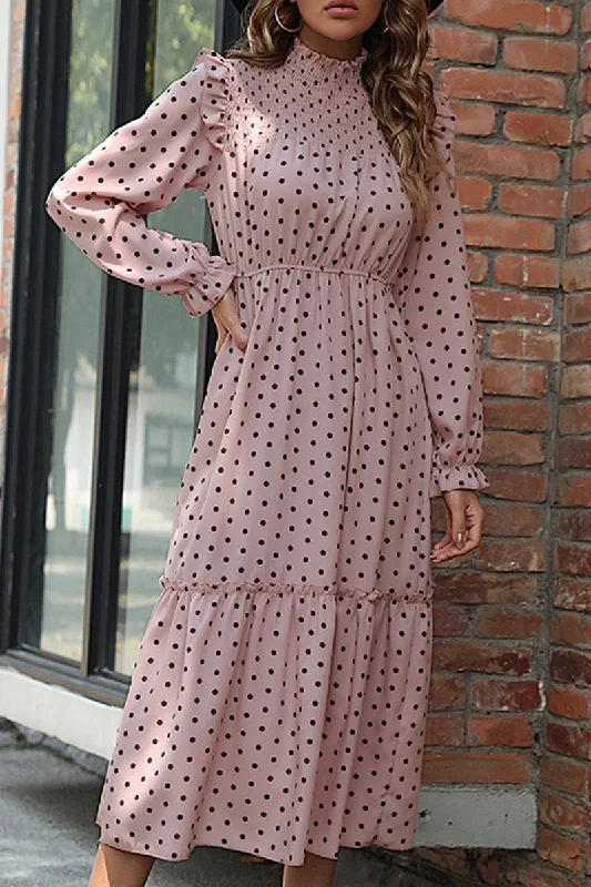 POLKA DOT LACED SHOULDER MAXI DRESS Elegant Maxi Dress with Pockets