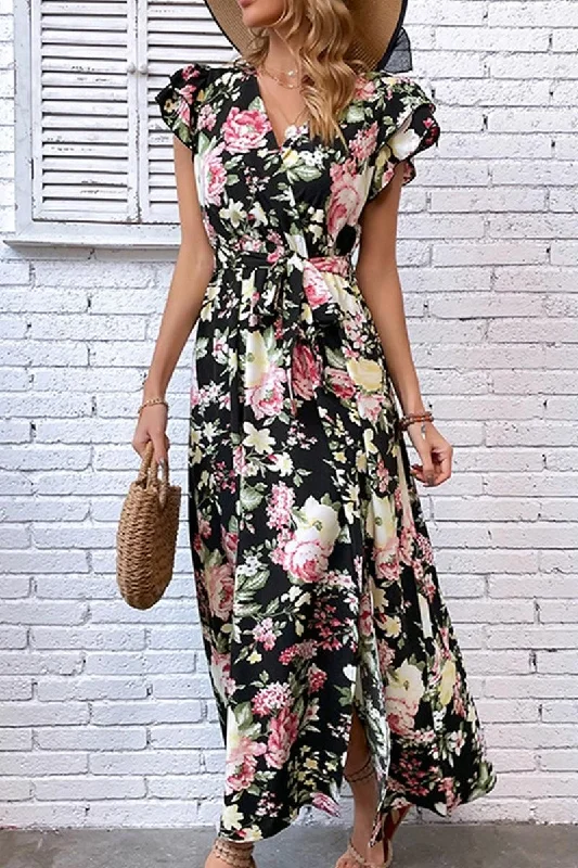 FLORAL RUFFLED SLEEVES CROSS OVER TIED MAXI DRESS Classic Tulle Maxi Dress