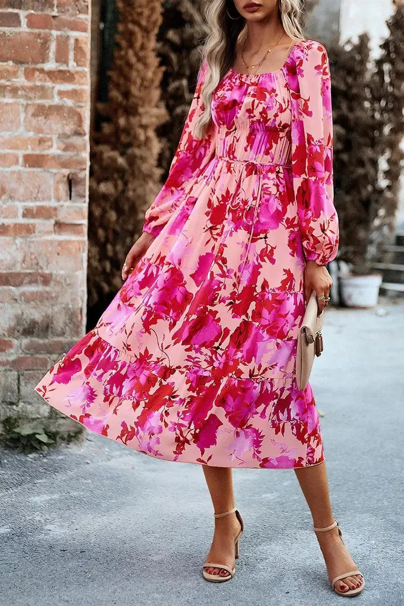 WOMEN FLORAL PATTERN SQUARE NECK MAXI DRESS Stylish One-Shoulder Maxi Dress