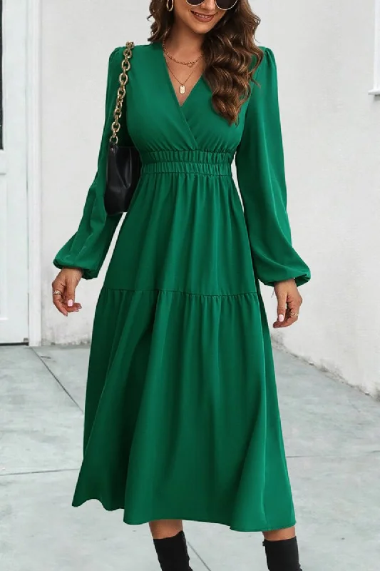 WOMEN ELASTIC WAIST V NECK LONG SLEEVE MAXI DRESS Comfortable Maxi Dress with Belt