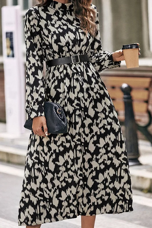 WOMEN HIGH NECK LONG SLEEVE LEOPARD MAXI DRESS Chic Boho Print Maxi Dress