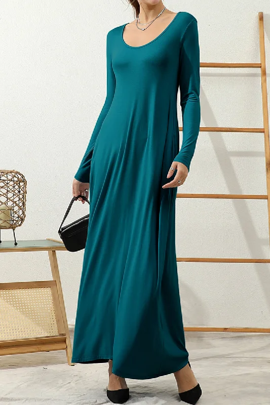 R NECK LOOSE FIT MAXI DRESS WITH SIDE POCKETS Fashionable Chiffon Maxi Dress