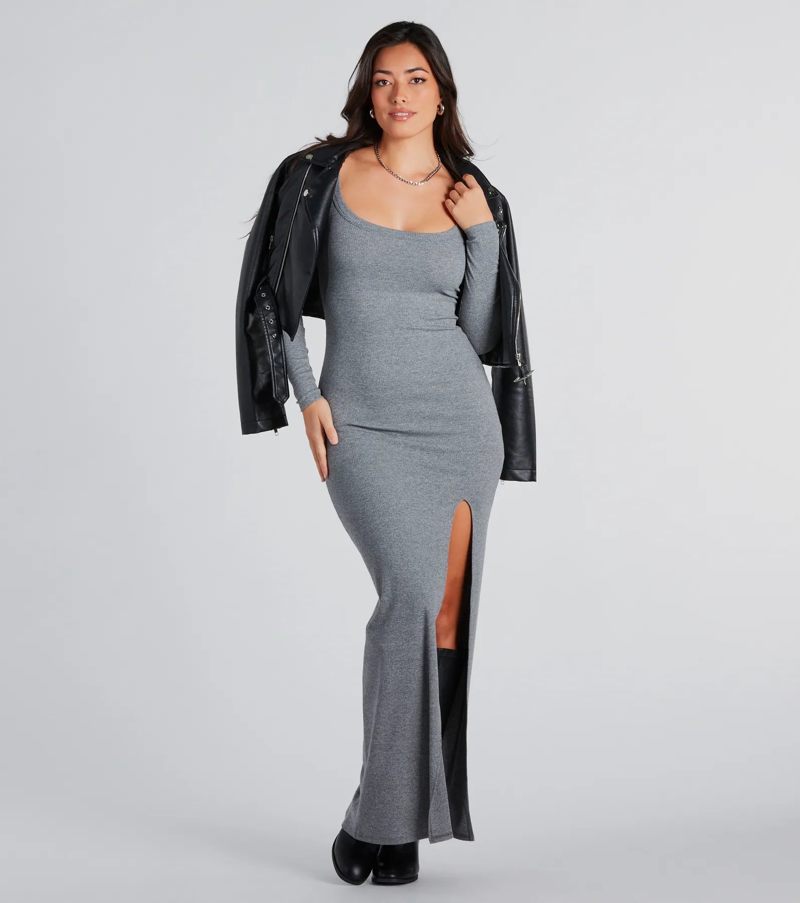 Elevated Vibes Ribbed Knit High Slit Maxi Dress Stylish Maxi Dress with Frills