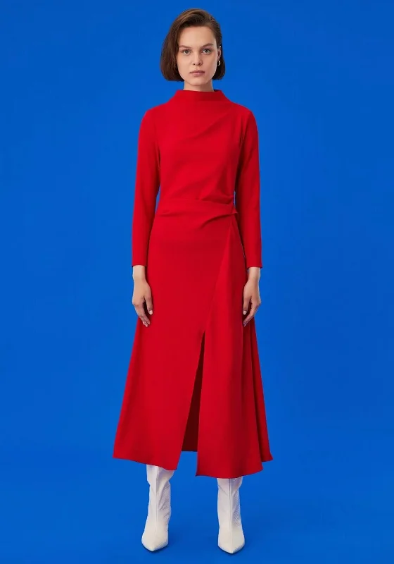 Exquise Funnel Neck Ruched Maxi Dress, Red Comfortable Long-Sleeve Maxi Dress