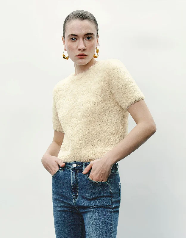 Fluffy Crew Neck Knitted T-Shirt Faux Fur Fabric Real Fur Fabric Shearling Fabric
