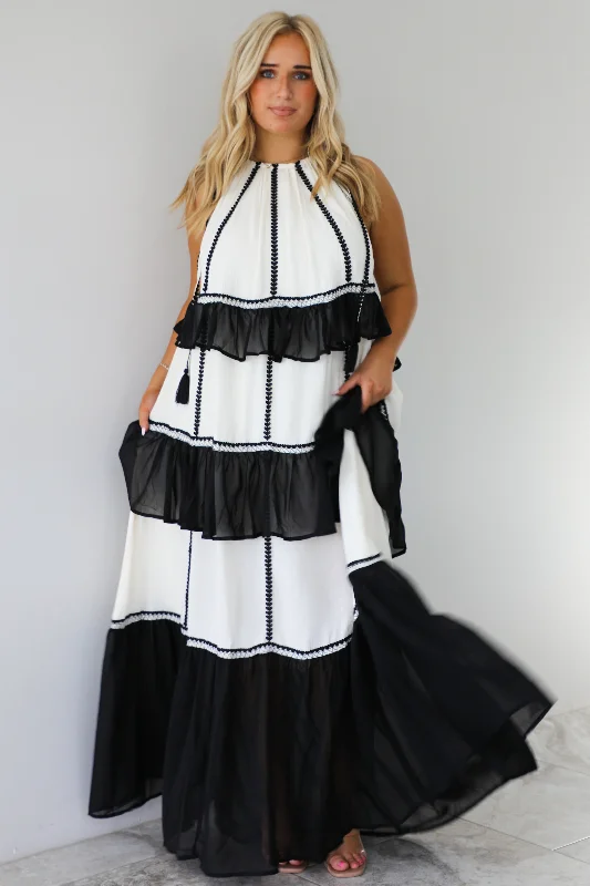 Give It All Maxi Dress: Off White/Black Trendy Maxi Dress with Bow