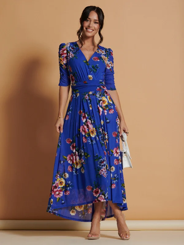 Haizley Floral Print Mesh Maxi Dress, Royal Multi Trendy A-Line Maxi Dress