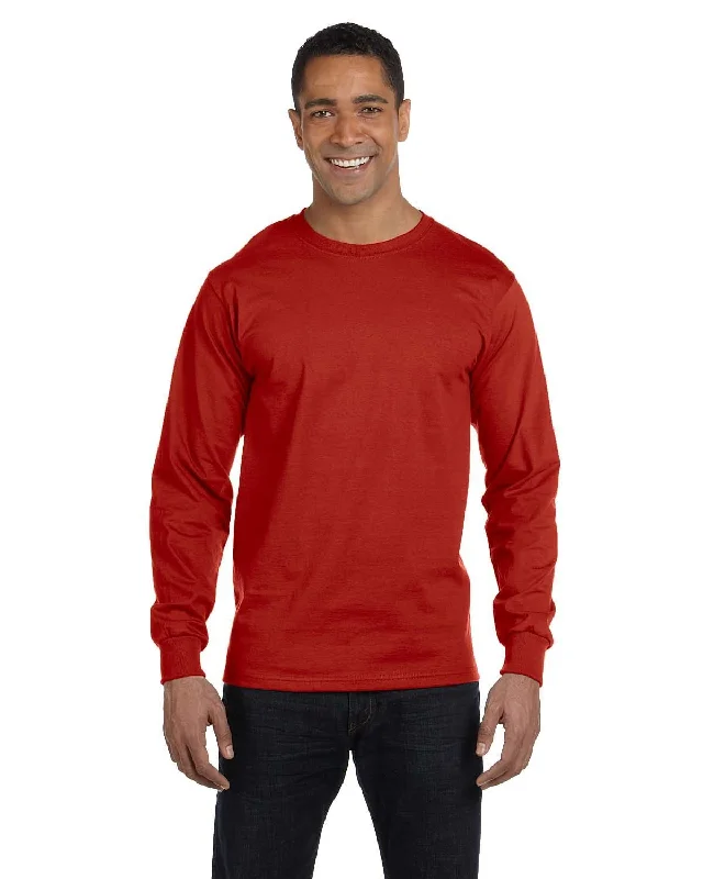 Hanes Long Sleeve Beefy-T T-Shirt | Deep Red Ribbed T-Shirt High Neck Heavyweight