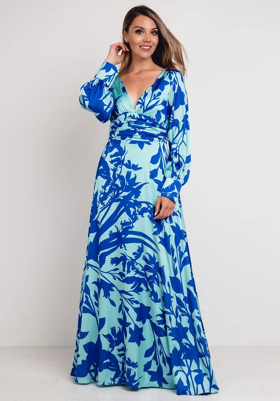 Herysa Printed Satin Maxi Dress, Aqua & Blue Comfortable Fitted Maxi Dress