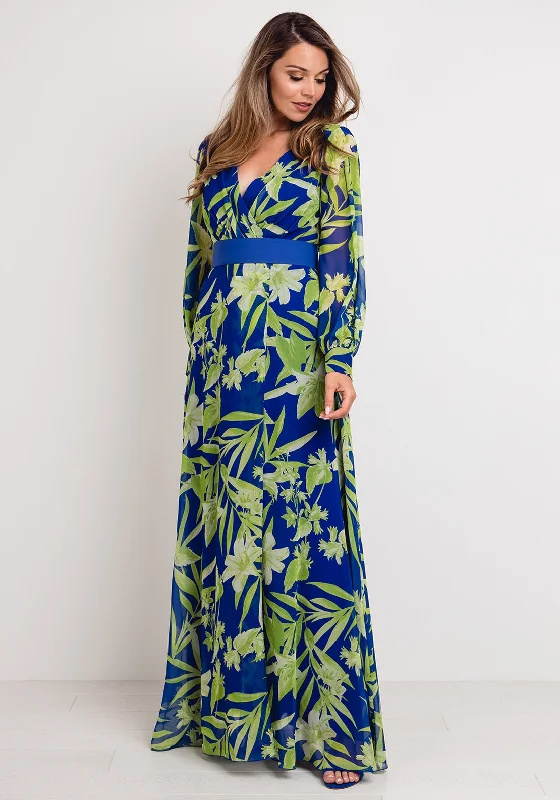 Herysa Tropical Floral Wrap Maxi Dress, Blue & Green Trendy Button Front Maxi Dress